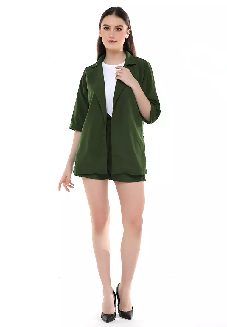 Nicrely Setelan Blazer Wanita One Set Longsleeve Outer Short Pant Material Twiscone ORIGINAL - Army