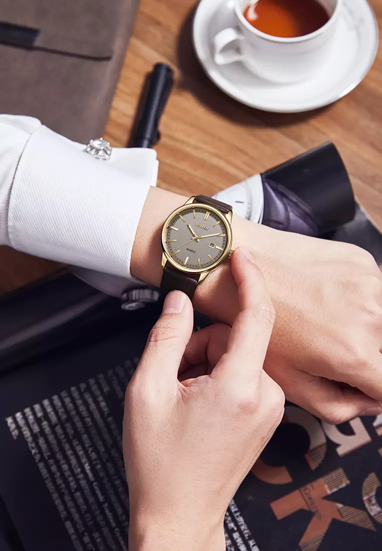 Jam Tangan Pria Kalender Santai Anti Air Kuarsa Tali Kulit Jam Tangan Cowok
