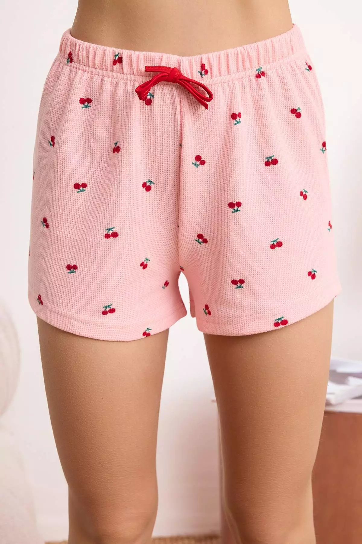 Pink Cherry Embroidered Soft Tuşe Waffle Knitted Pajama Set Thmss26Pt7