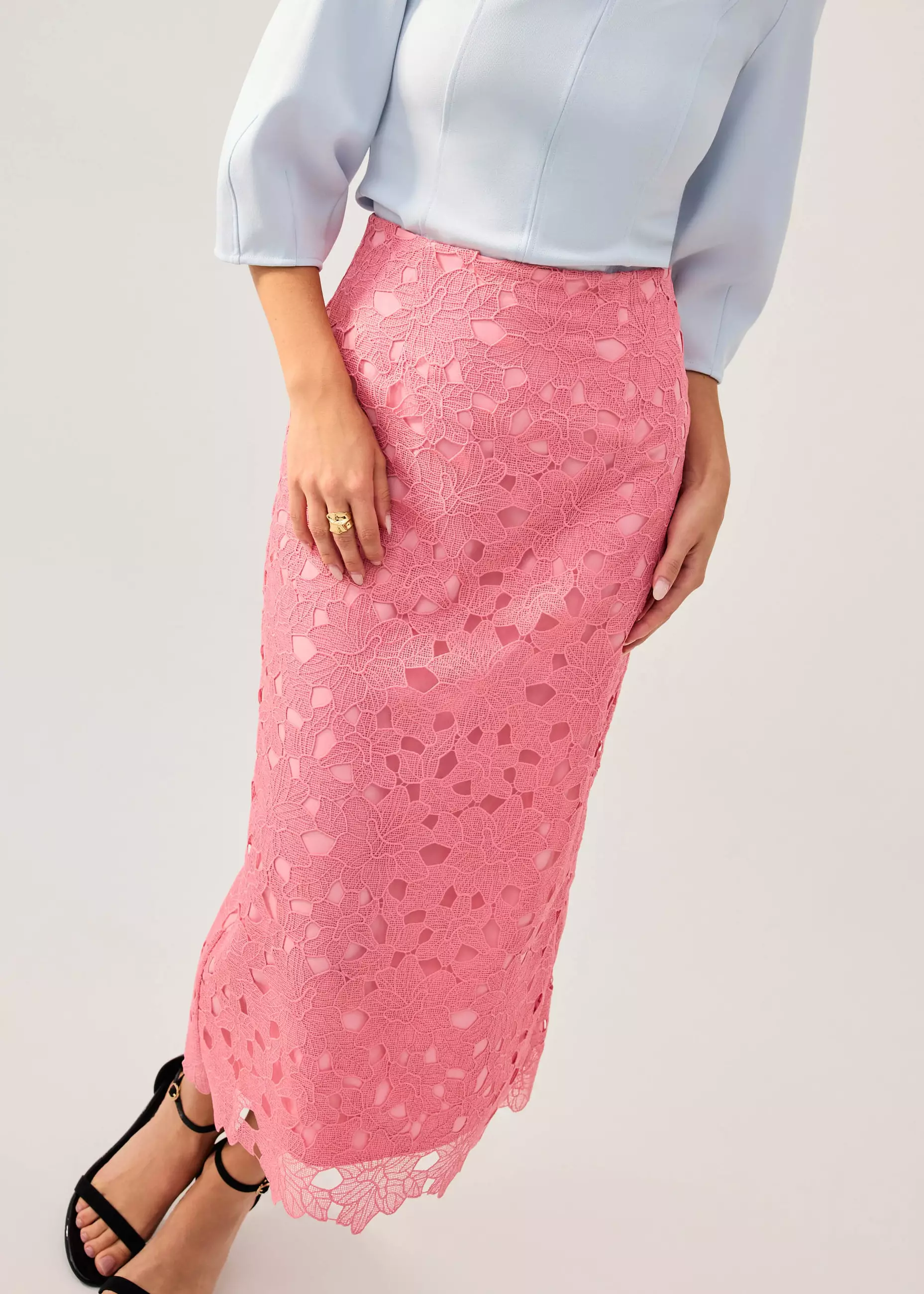 Rok Wanita - Floral Lace Column Midi Skirt