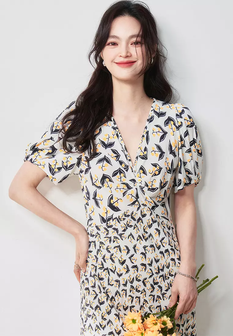 2025 French style puff sleeve waist dress CA25060366W