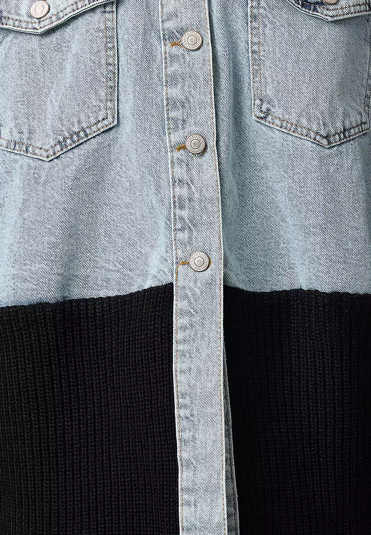 Oversized Denim Jacket with Knit Panel