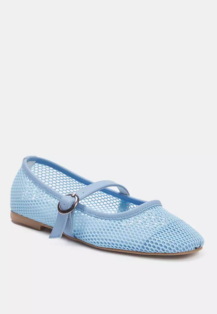 Baby Blue Mesh Detailed Round Toe Mary Jane Women's Ballerinas Takss24Be00000