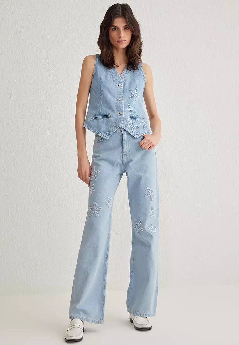 Floral Embroidered High Waist Wide Leg Jeans