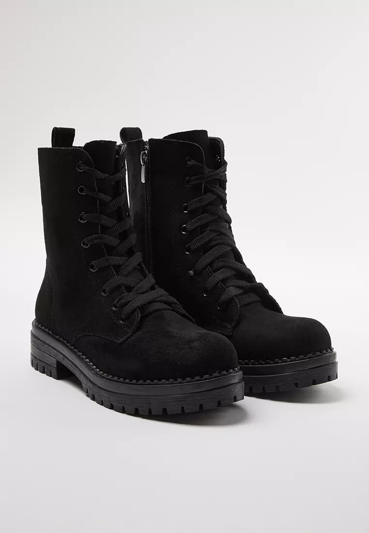Black Suede Lace-Up And Zip-Up Short Flat Women's Boots Takaw25Bo00026