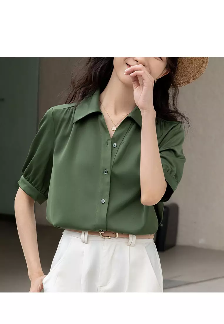 Lara Satin Solid Oversized Single-Breasted Gathered Shirt 2024