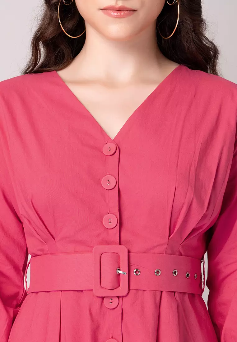 white christmas dresses Rosy Outlook Pink Multi Floral Cotton Tie-Belt Midi Dress main image 1