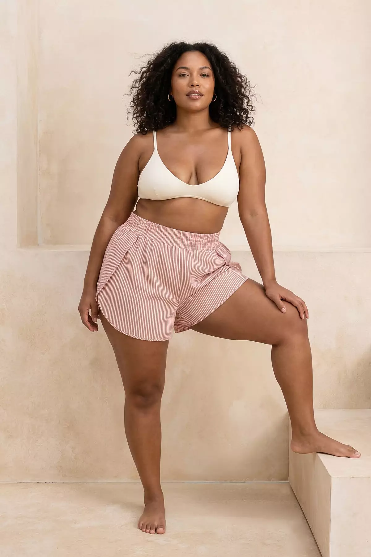 Beachwear Salmon Striped Seersucker Textured Fabric Plus Size Beach Shorts Tbbss26Ap00007