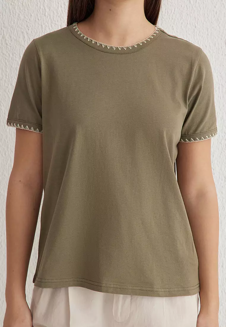 Khaki Contrast Stitch Detail Basic Crew Neck Knitted T-Shirt