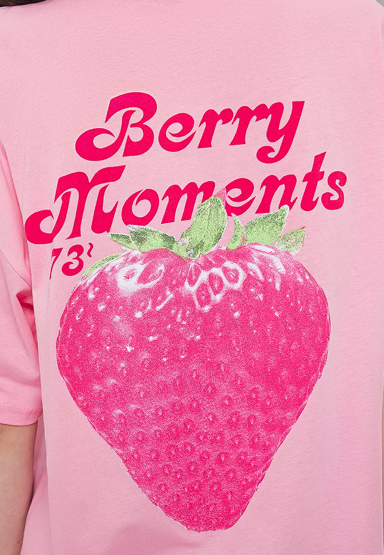 Light Pink Oversize/Wide Pattern Front Back Printed Knitted T-Shirt