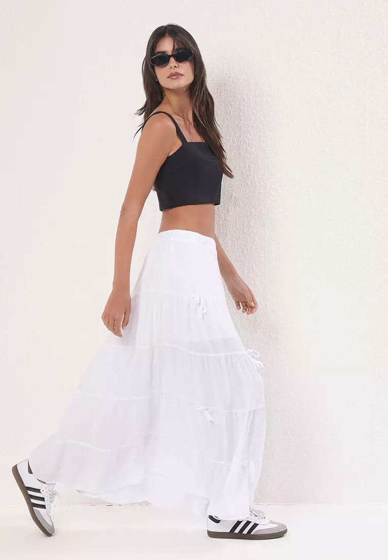 White Bow Detailed A-line Pattern Flounce Maxi Skirt TWOSS25ET00090