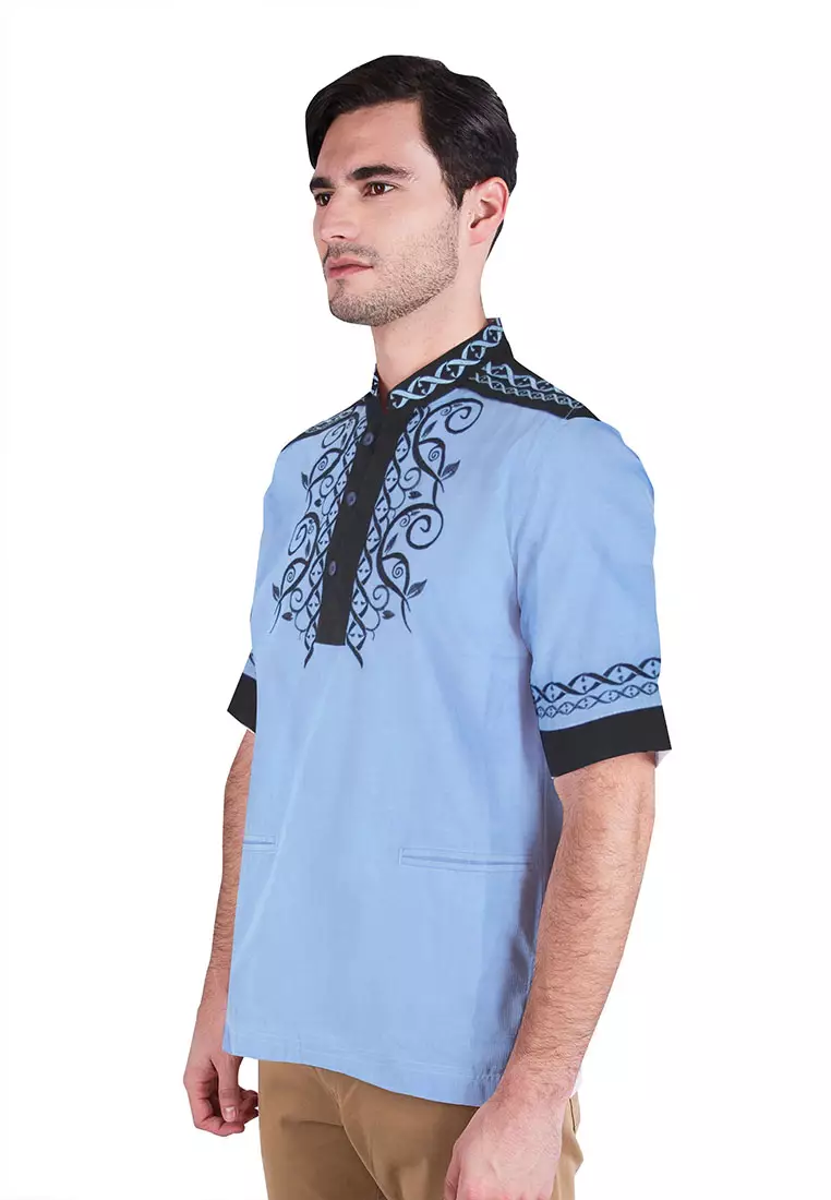 LGS - Slim Fit - Baju Koko - Lengan Pendek - Motif Bordir - Biru - JSH.385.S586KF.190