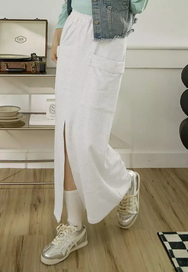 Casual Front Slit Pocket Elastic Waist Maxi Skirt [CA2991]