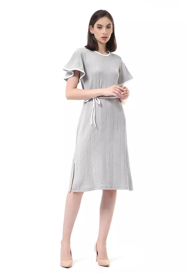 Rachel Dress Wanita Lengan Pendek Model Tali Pinggang Plain Motive Material Curly Kinit ORIGINAL - Gray Mint