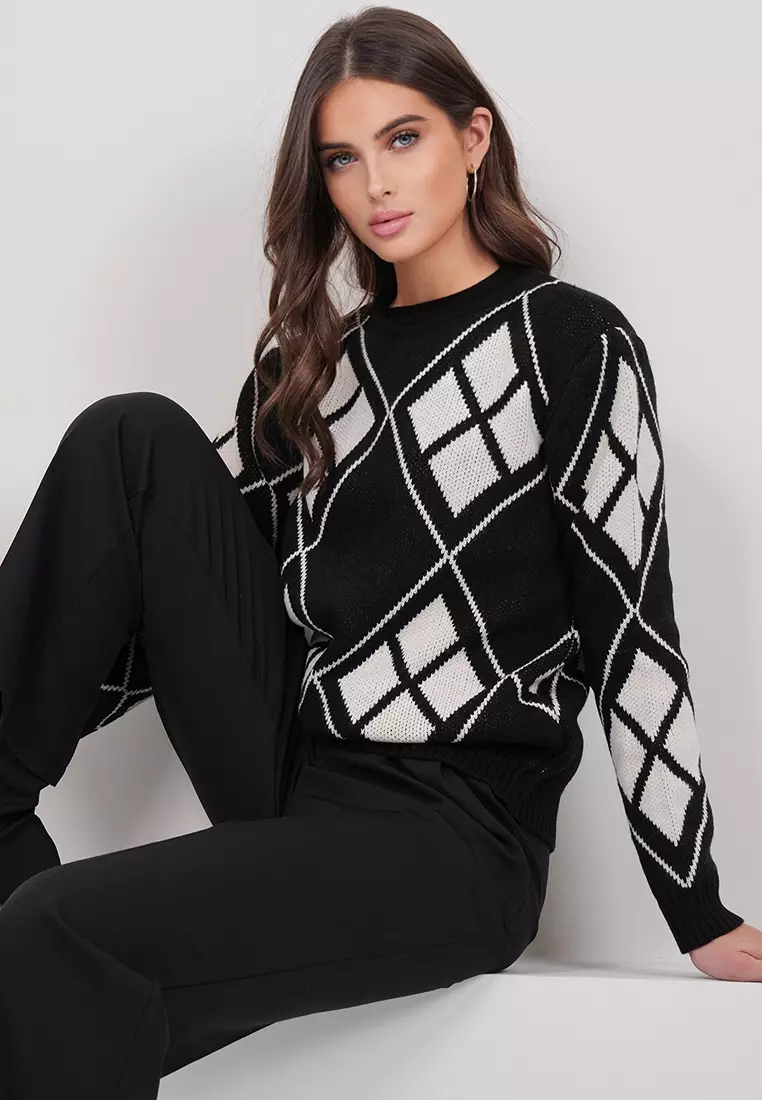 Crew Neck Argyle Patterned Premium Knitwear Sweater