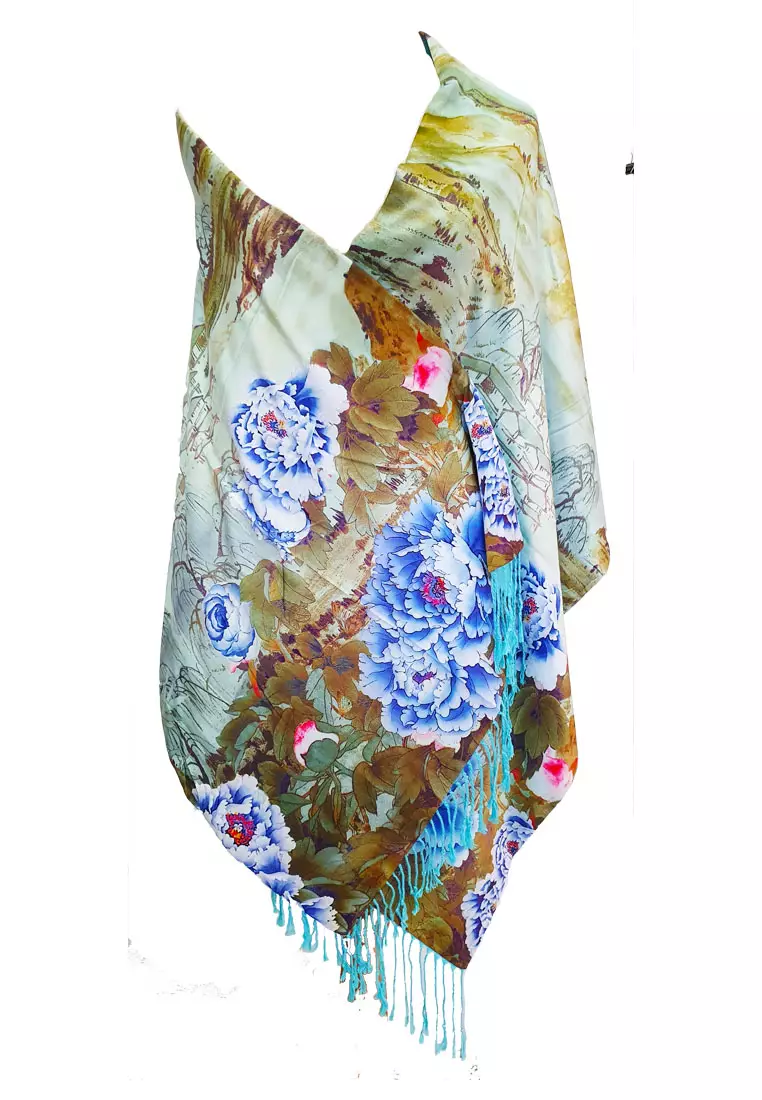 Double Sided Silk Brushed Cashmere Shawl Flora Blume Blue