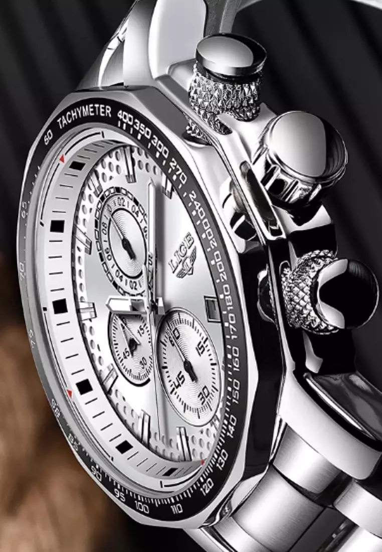 Chronograph Unisex Stainless Steel Quartz Watch, Black Bezel, White dial on Steel Bracelet