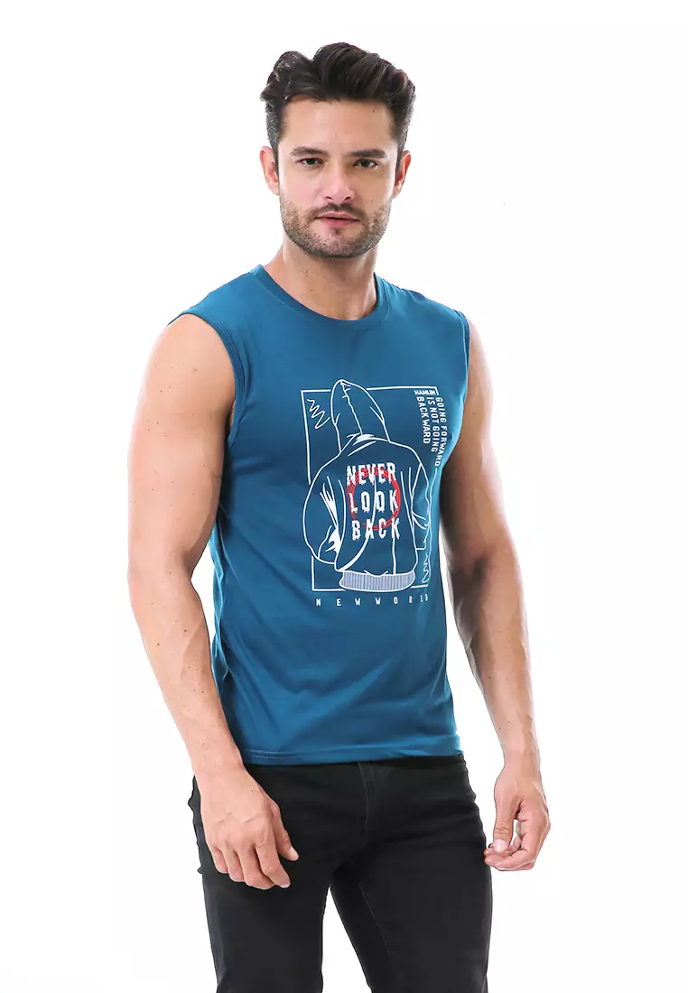 Bobby Atasan Kasual Pria Singlet Motif Never Look Back Sleeveless Tshirt Material Cotton ORIGINAL - Tosca