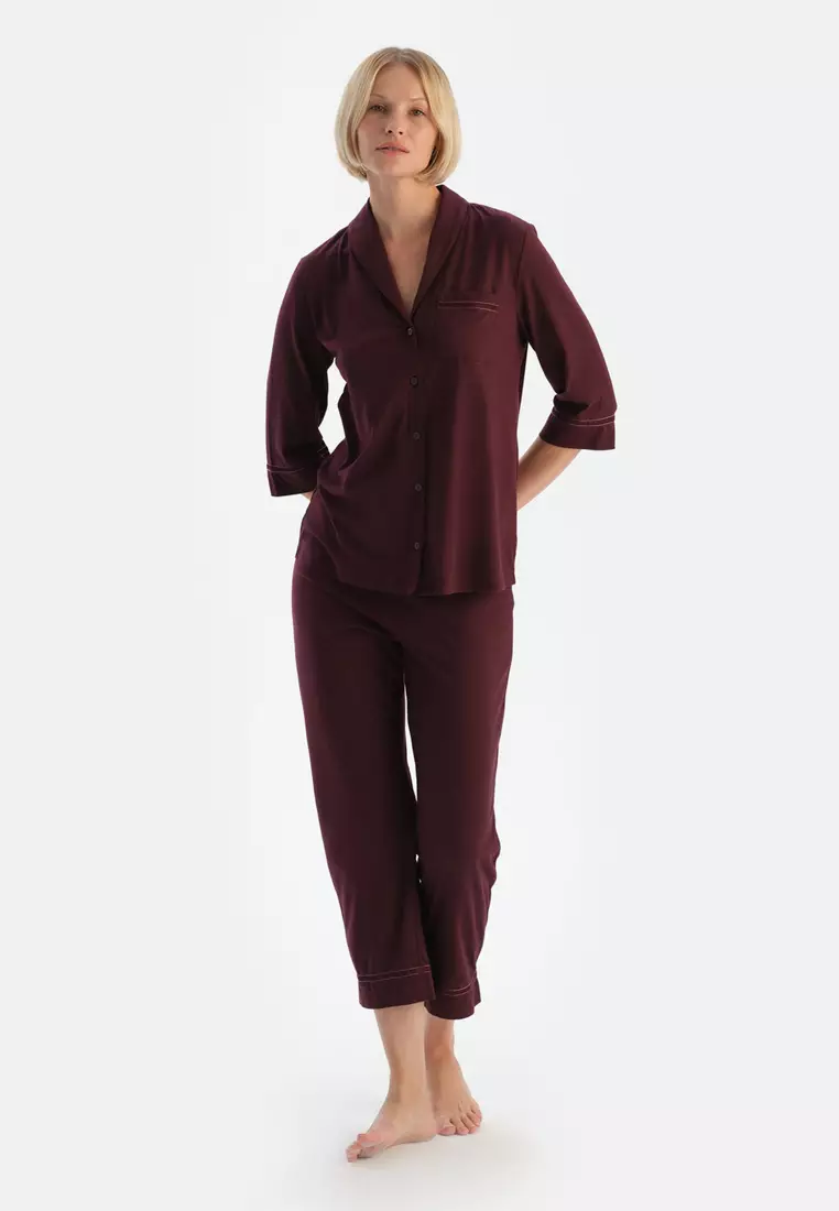 Bordeaux Shirt & Trousers, Shirt Collar, Regular Fit, Long Sleeve Sleepwear for Women