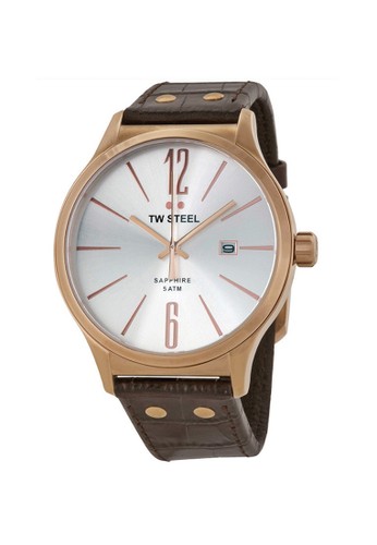 Slim Line PVD Rosegold plated case, 3 hands - Sunray Silver dial, Brown turn edge leather strap