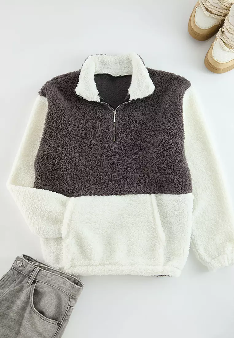 Smoke Unisex Oversize/Wide Cut Color Block Stand Collar Warm Plush Sweatshirt TMNAW25SW00148