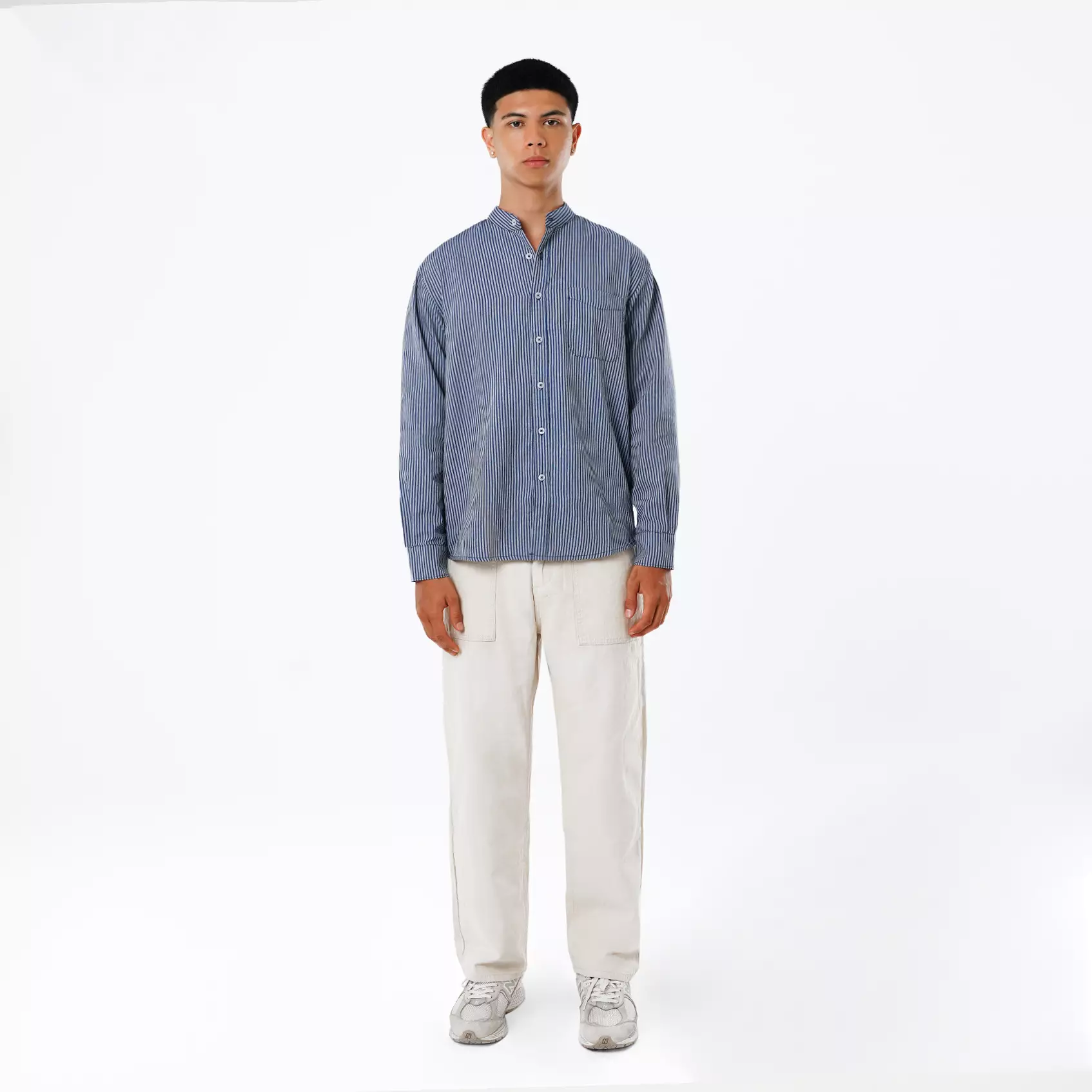 CELCIUS Round Colar Linen Kemeja Stripes LIN001762C Navy