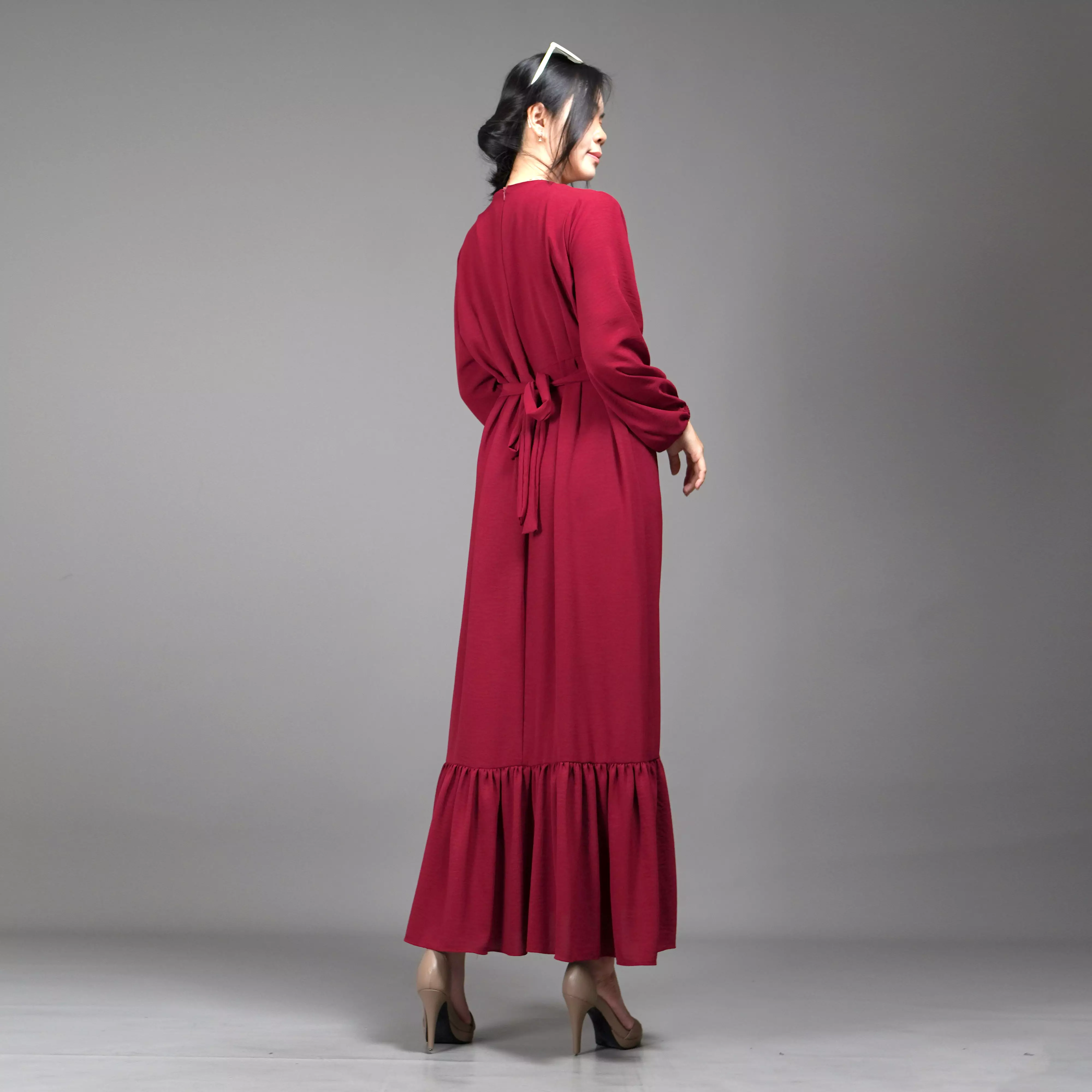 DRESS JULIA Long Dress Gaun Pesta Midi Dress Gaya Korea - Marun