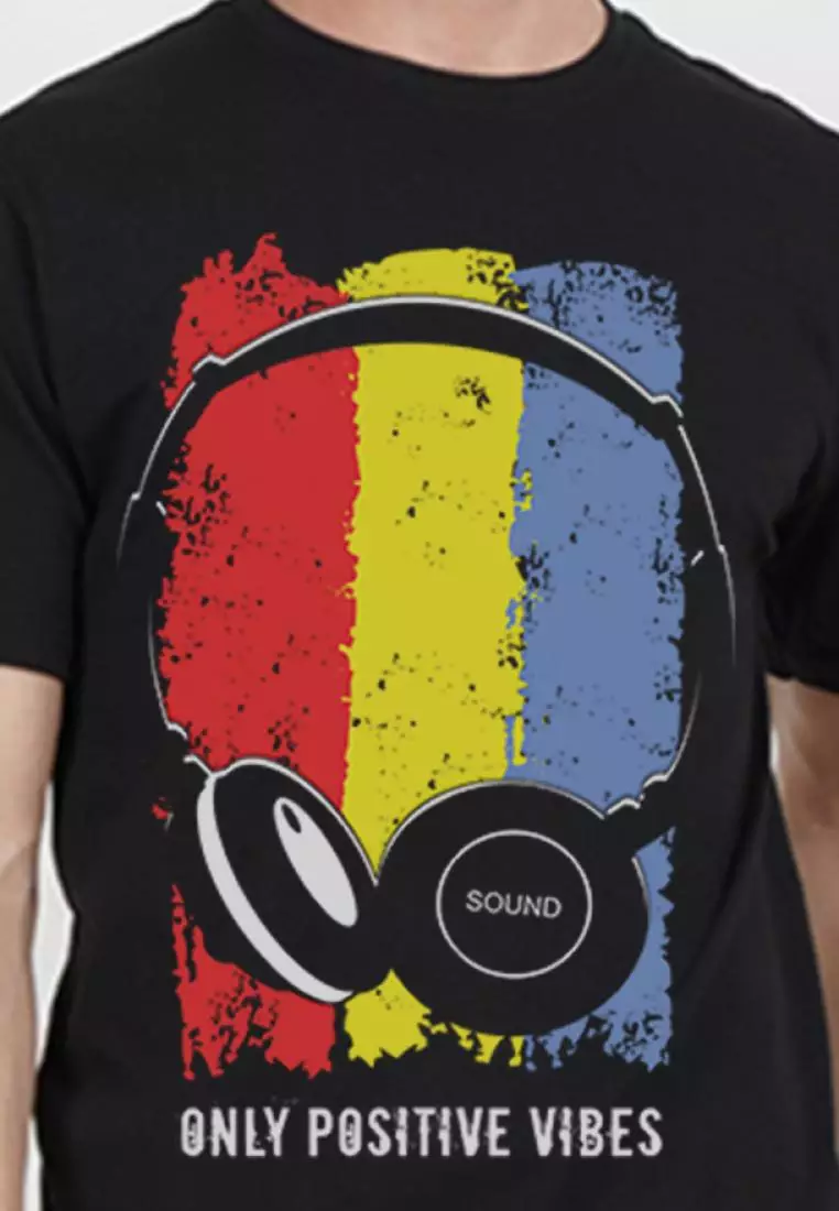 Positive Vibes Black Cotton Short Sleeve Crew Neck Regular Fit T-Shirt