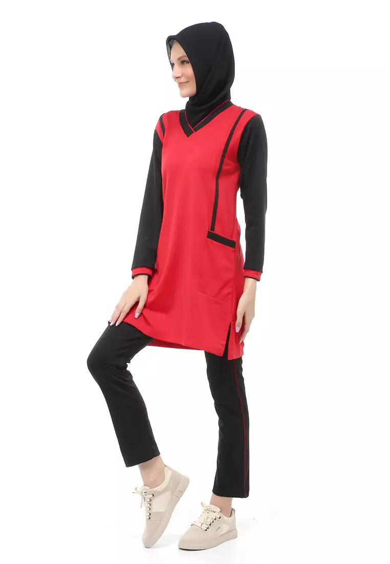 Kalila Baju Olahraga Atasan Bawahan Tunik Wanita Muslimah Relaxed Fit - RedBlack