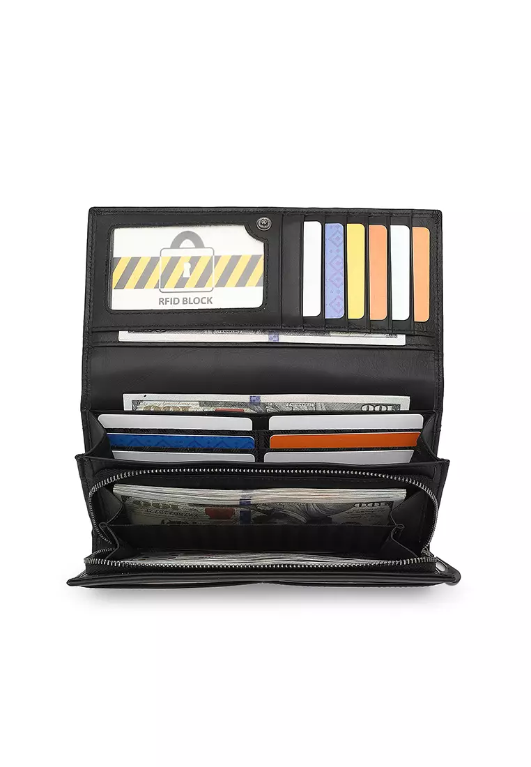 Unisex Genuine Leather RFID Blocking Wallet - Black