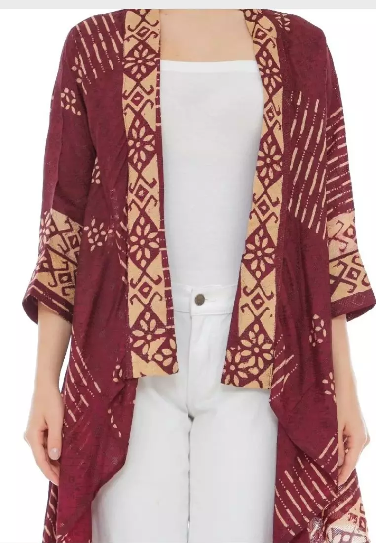 Rinjanie Batik - Bolero Ayam - Bolero Asimetris Red Wine - Outer Batik Modern - Outer Batik Wanita - Outer batik kekinian - Batik Cap Mix - JMWN - RW