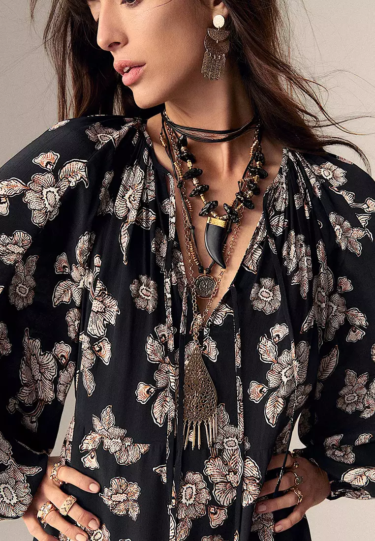 Crepe Floral Tie Neck Midaxi Waisted Dress