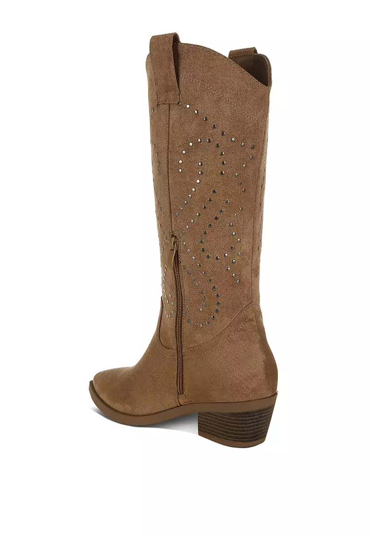 Sepatu bot koboi berhias stud warna Camel