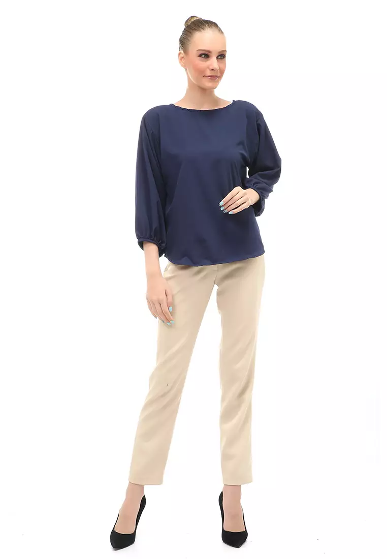 Blouse Lengan Balon Motif Solid Design Simple Regular Fit - Navy