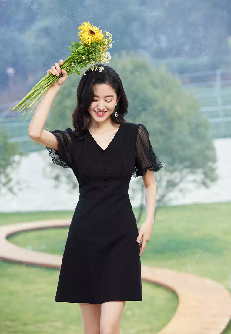 Polka Dot Puff Sleeve Design Midi Dress