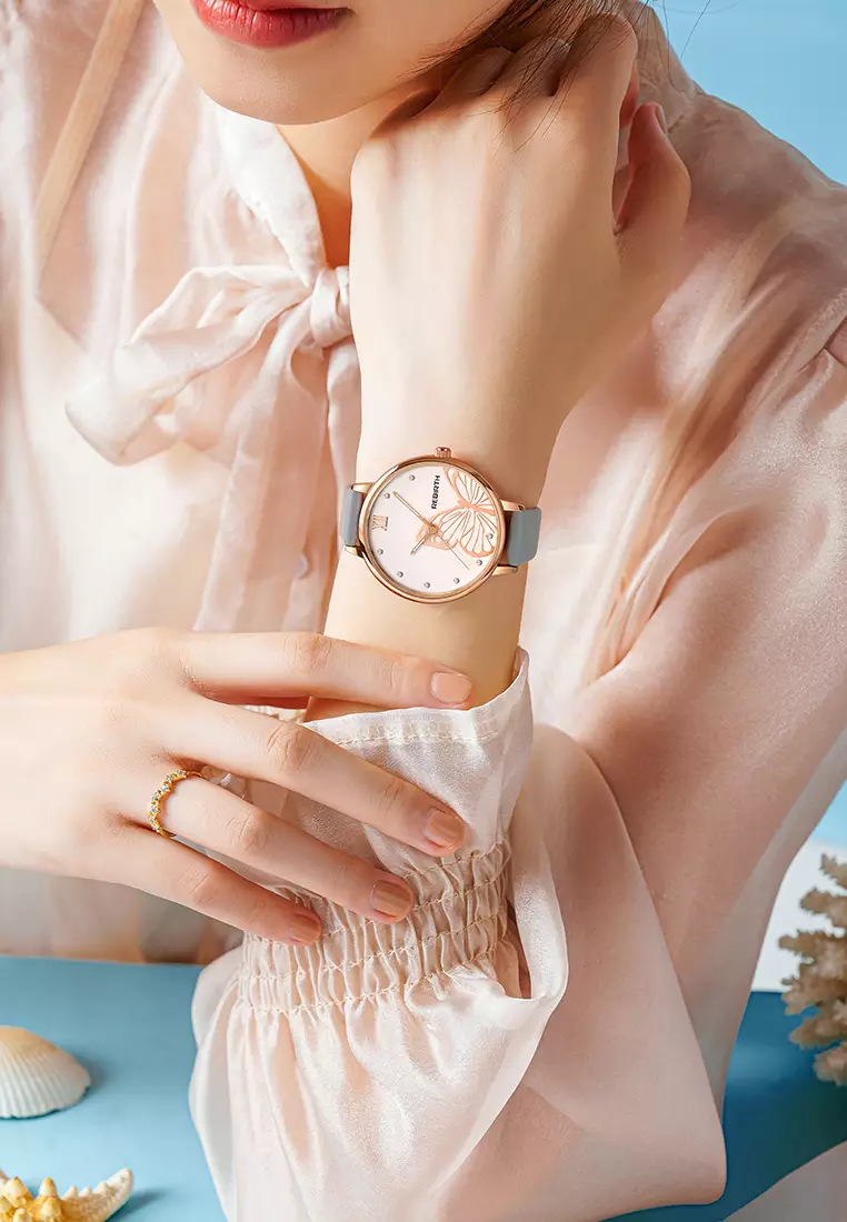 Jam Tangan Wanita Anggun Tali Kulit Display Kuarsa Tahan Air Jam Wanita Mode Jam Tangan Cewek greybutterfly