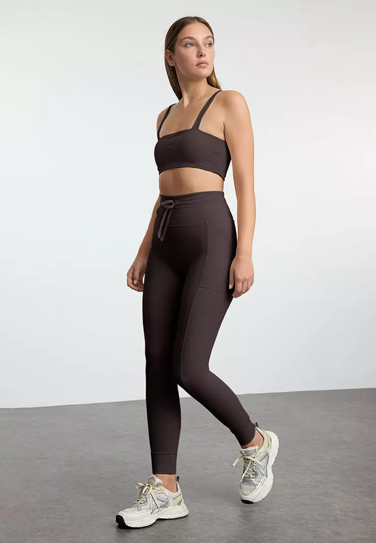 Brown Brushed Soft Fabric Pocket and Tie Detail Full Length Knitted Sports Tights THMAW25TY00014