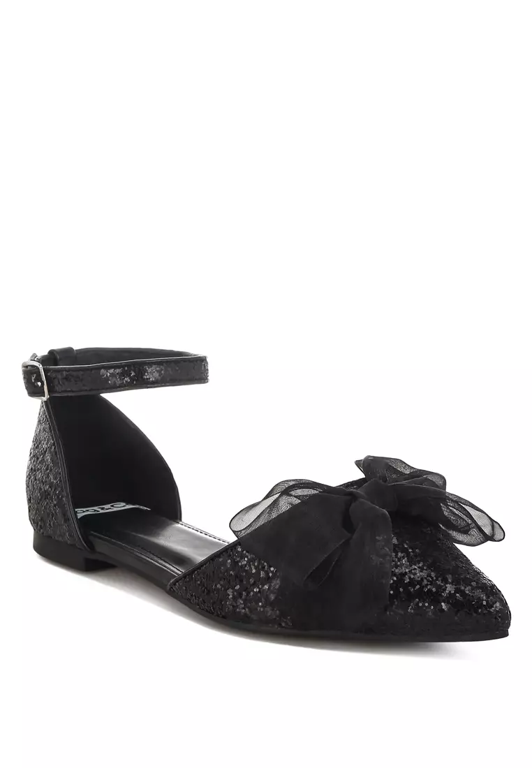 Sheer Bow Detail Glitter Flat Sandals in Black