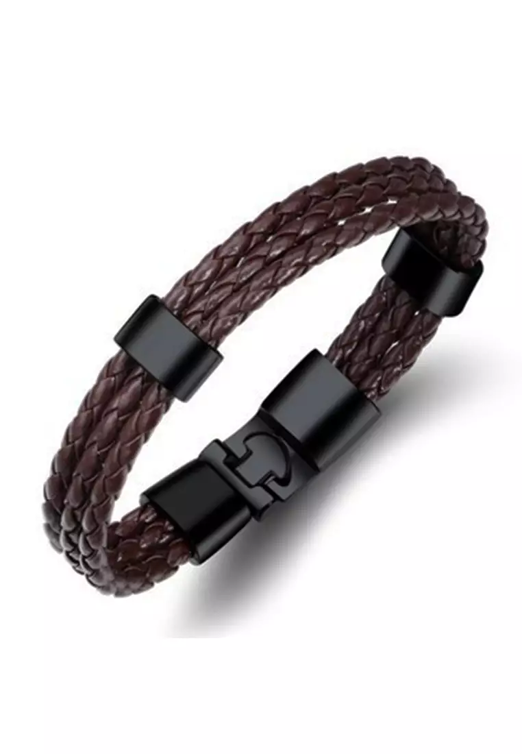 YOUNIQ Titanium Steel Full Brown Genuine Leather Bracelet for Men