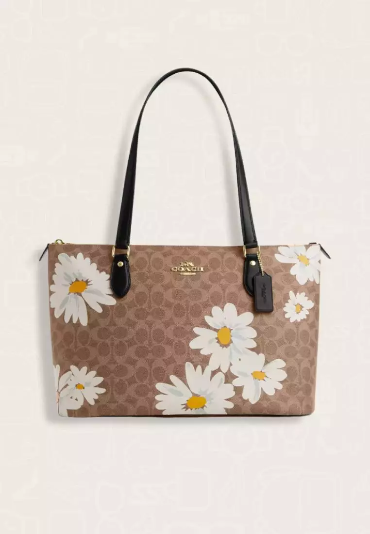 Coach Gallery Tote Bag In Signature Canvas With Floral Print Tan Multi