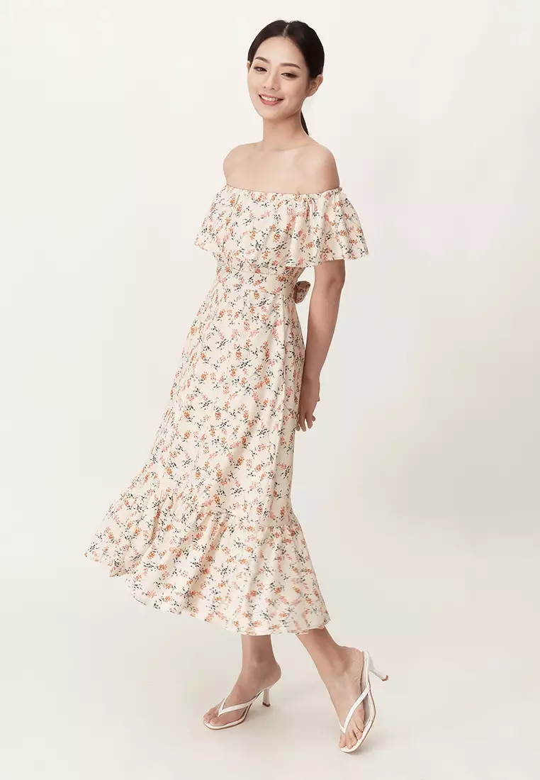 Plain B. Plain B. Off Shoulder Floral Print Midi Dinner Dress Beige ...