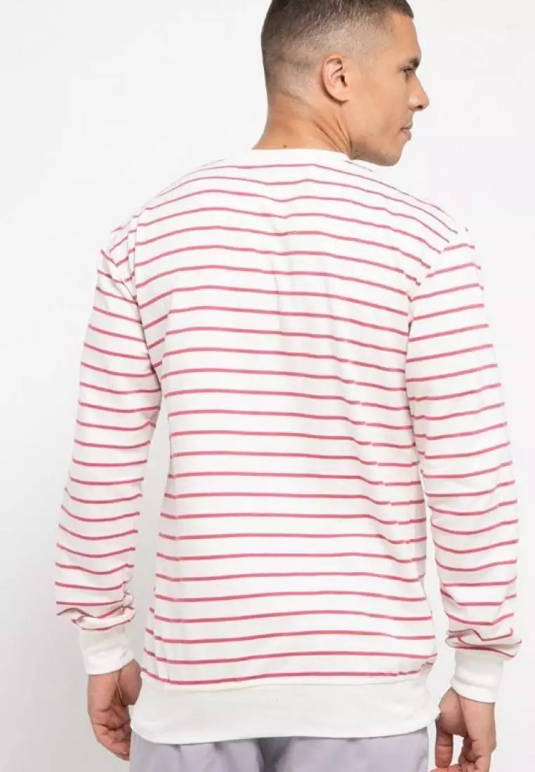 MO186 Third Day Sweater Stripe Casual Pria Dakir Katakana Putih Pink