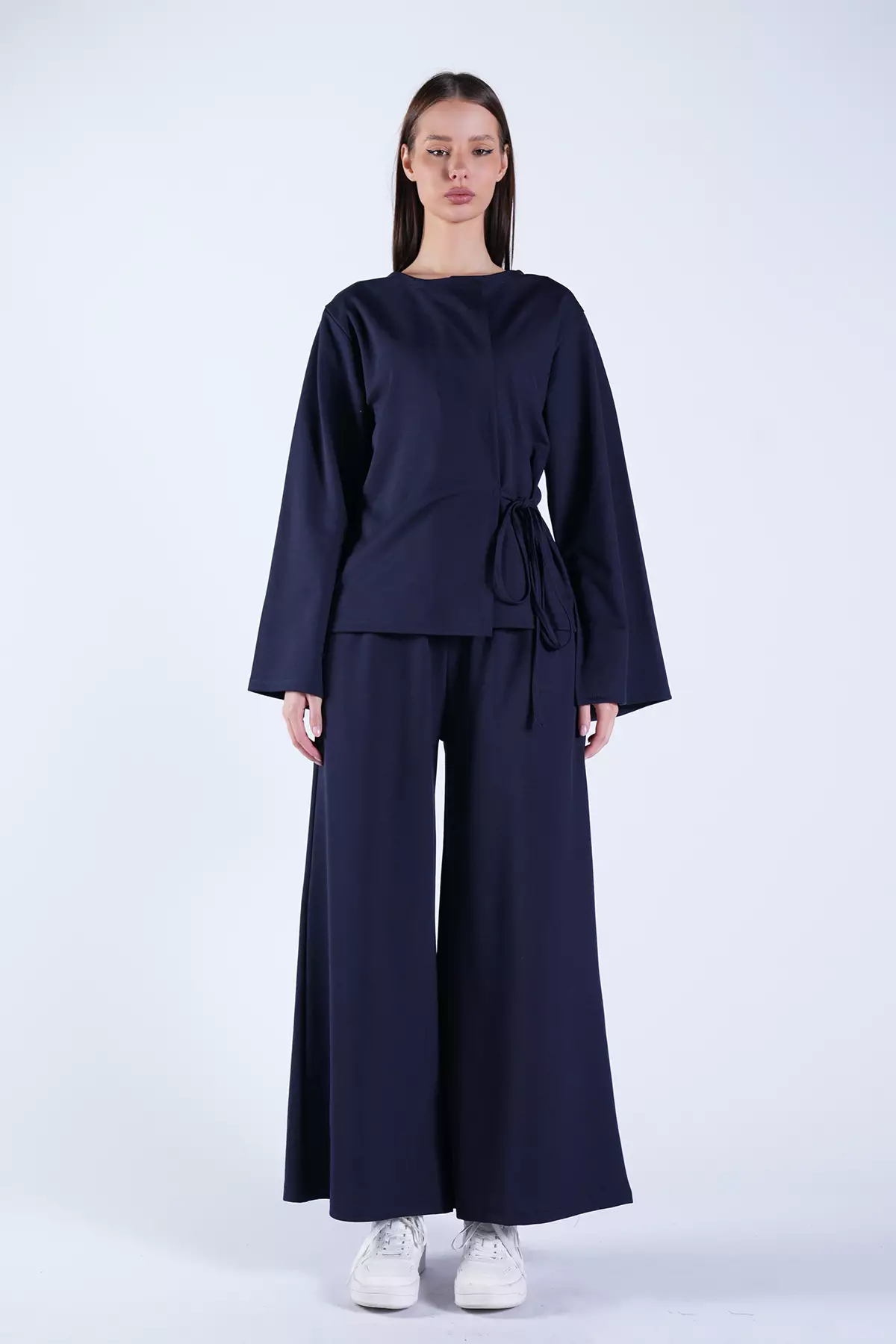 Women'S Navy Blue Crew Neck Knitted Jacket With Tie Detail And Double Pocket Trousers Set Alc-X15050