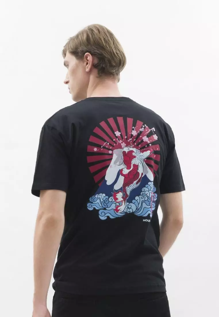 Kaos hitam t shirt polos houseofcuff motif Koi Fuji READY HINGGA 4XL