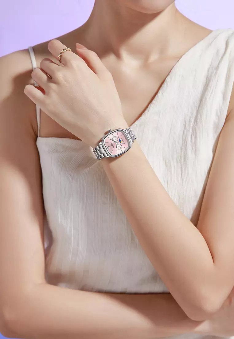 Jam Tangan Wanita Original Kalender Kasual Korean Style Tali Paduan Jam Tangan Cewek B006 silverpink