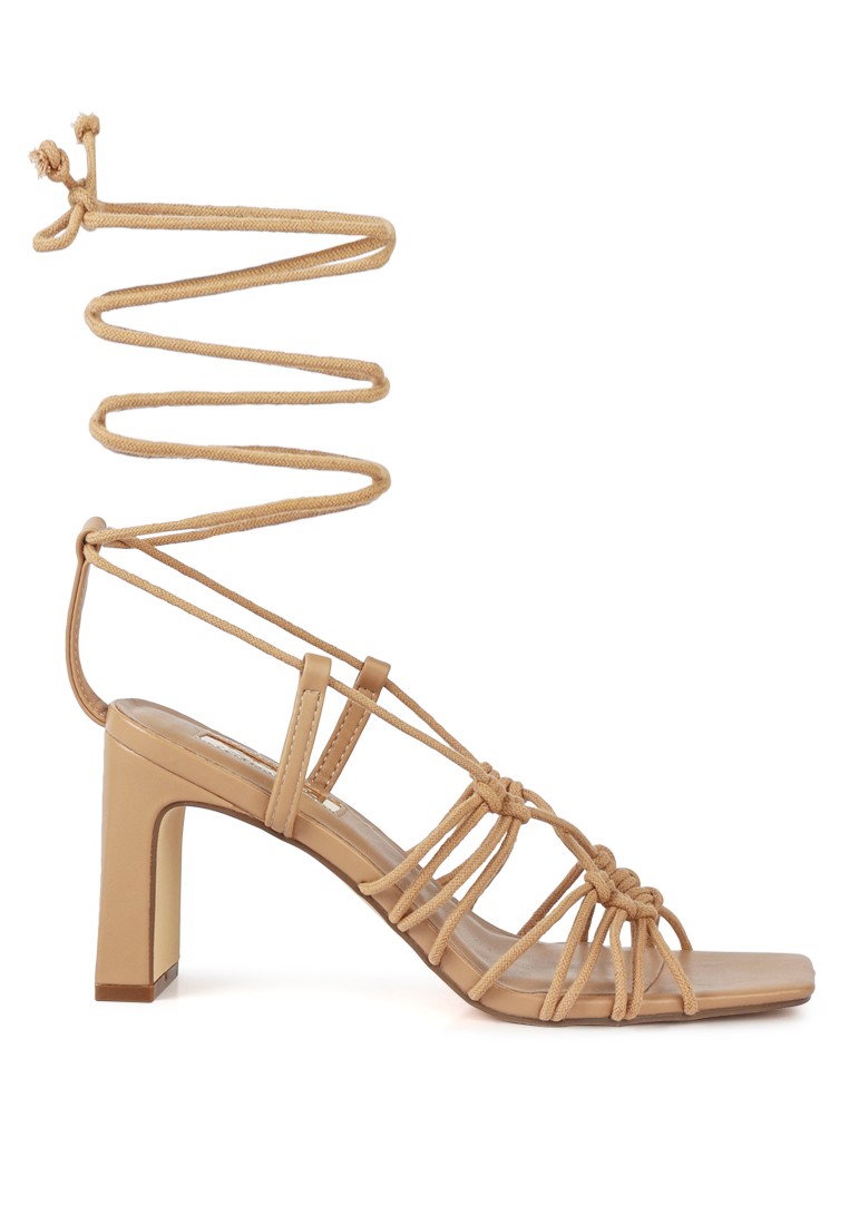 Camel Braided Tie Up Block Heeled Sandal
