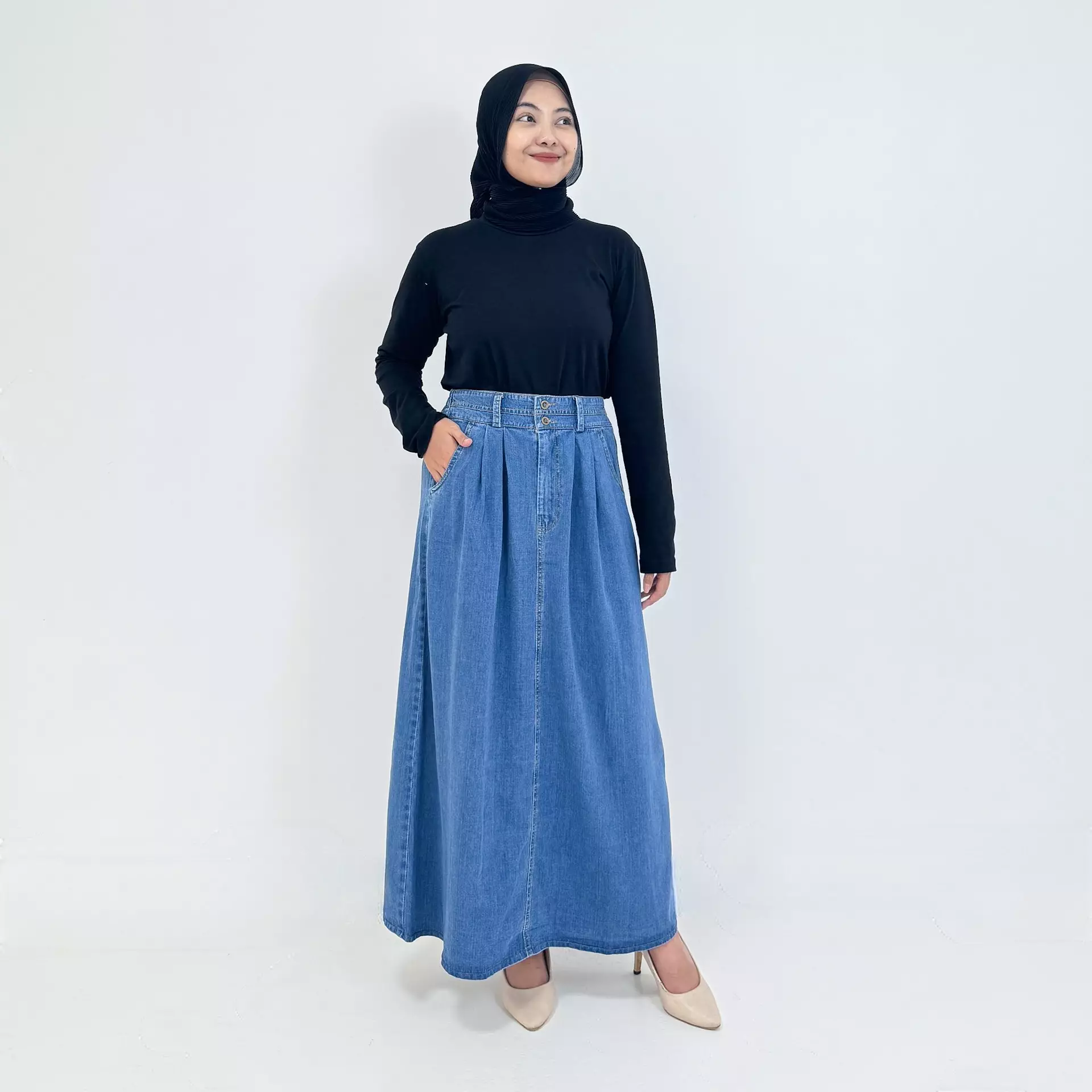 Long Skirt Denim 2 Buttoned [BLUE] Rok Panjang Soft Jeans Wanita