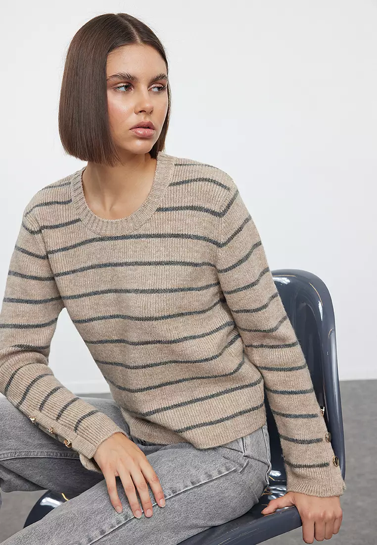 Beige Striped Soft Knitwear Sweater