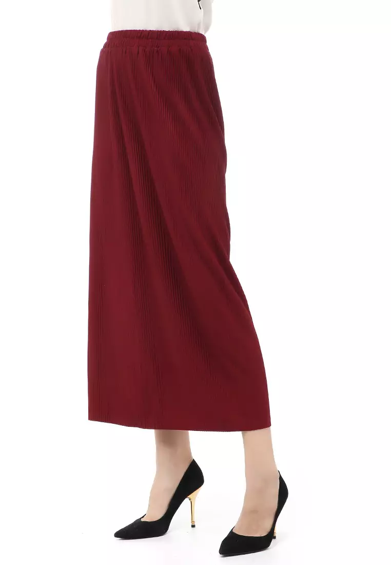 Rok Span Bawahan Wanita Motif Salur Skirt Rubbery Waist Casual - Maroon