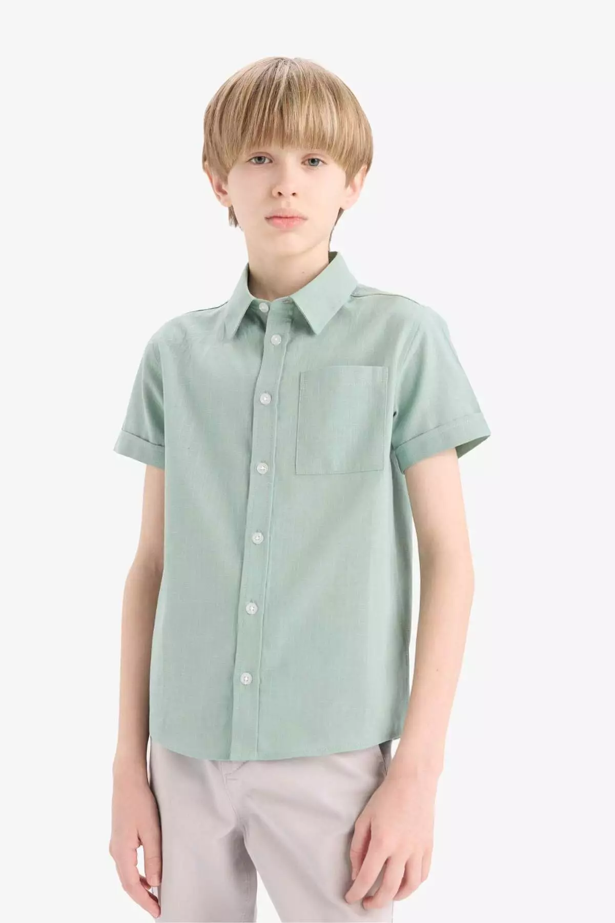 Boy's Polo Neck Linen Look Basic Plain Short Sleeve Shirt Z3204A625Sm